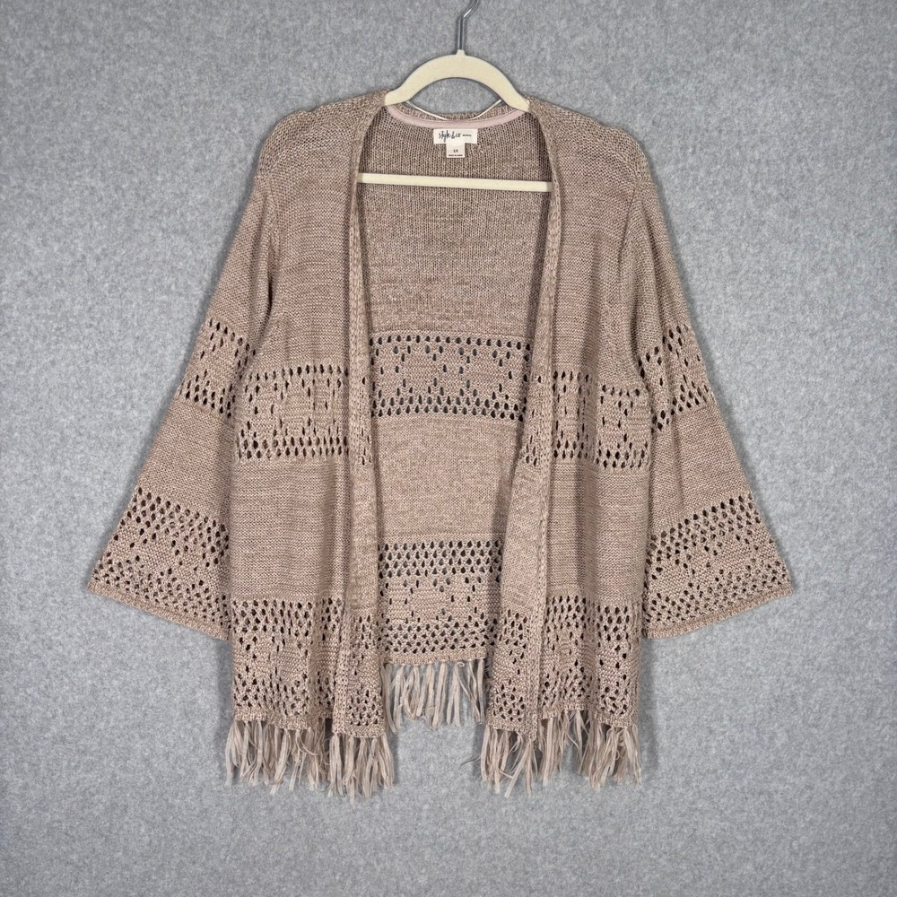 Style & Co Crochet Fringe Cardigan Sweater 1X Tan Open Knit Boho Western Cottage